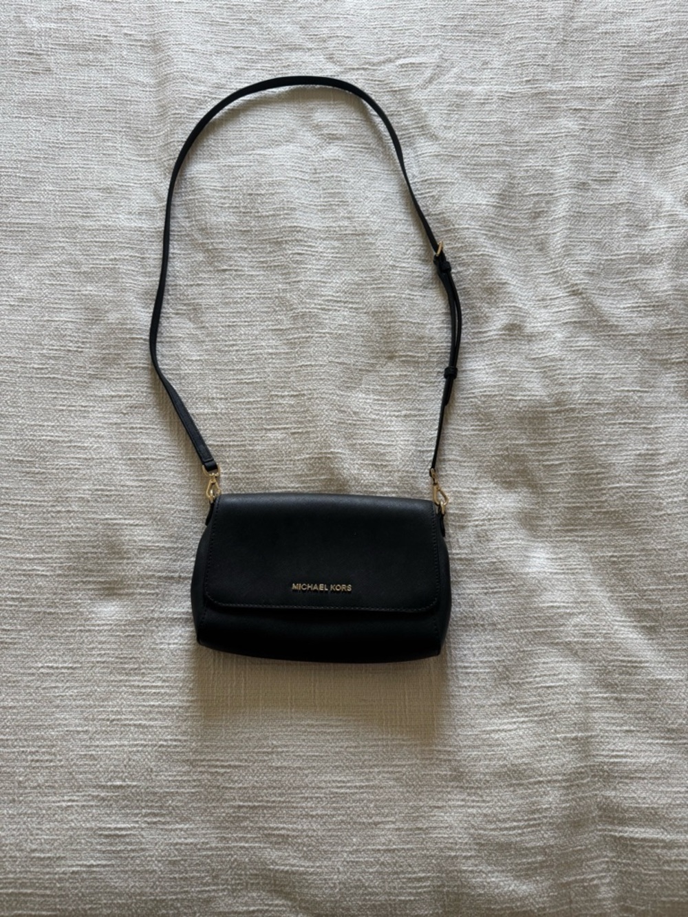 Michael Kors Black Leather Flap Crossbody with Gold Hardware